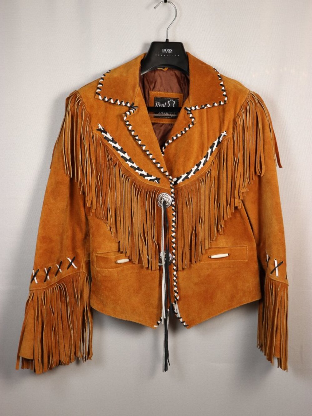 Hand Made Real Leather Native Cowboy/Cowgirl Jacket M/L Natural Tan Black/White - Picture 3 of 4